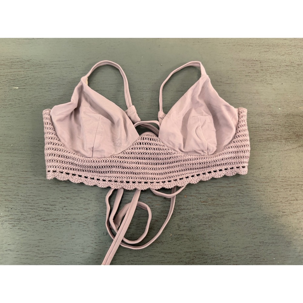 Shade & Shore. Lilac Crochet Longline Bikini Top Purple Scalloped Swim Top 34c